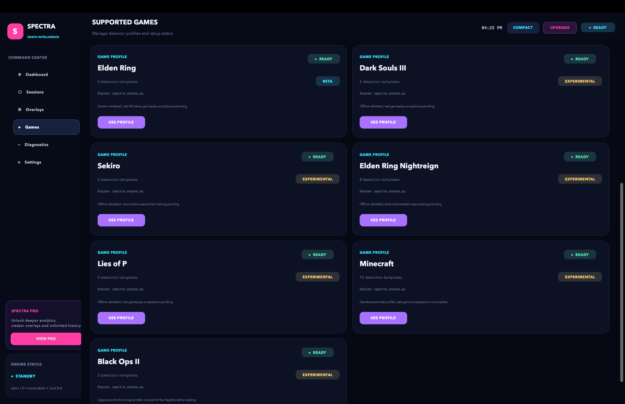 Spectra supported game profile list