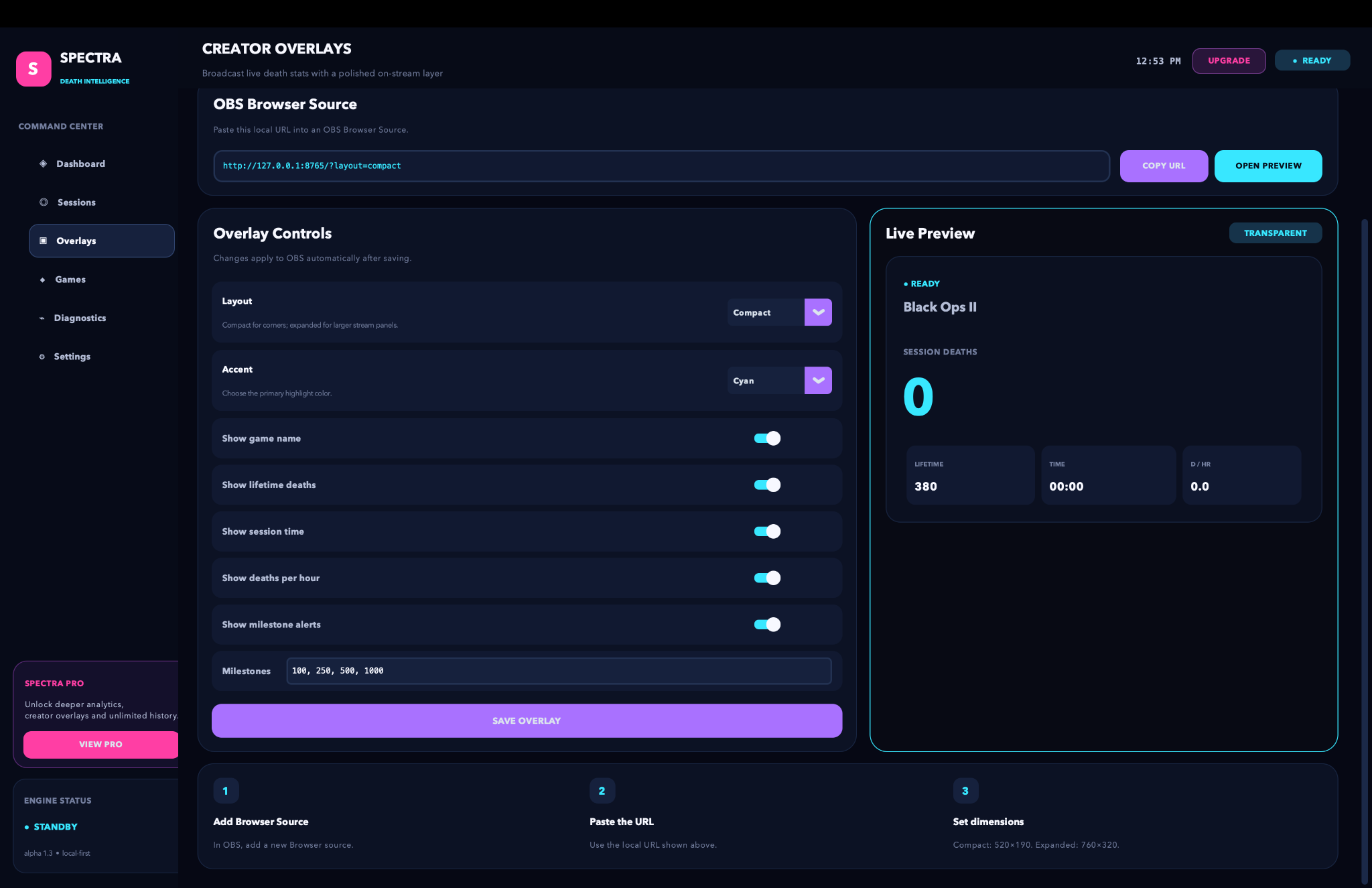 Spectra creator overlay configuration
