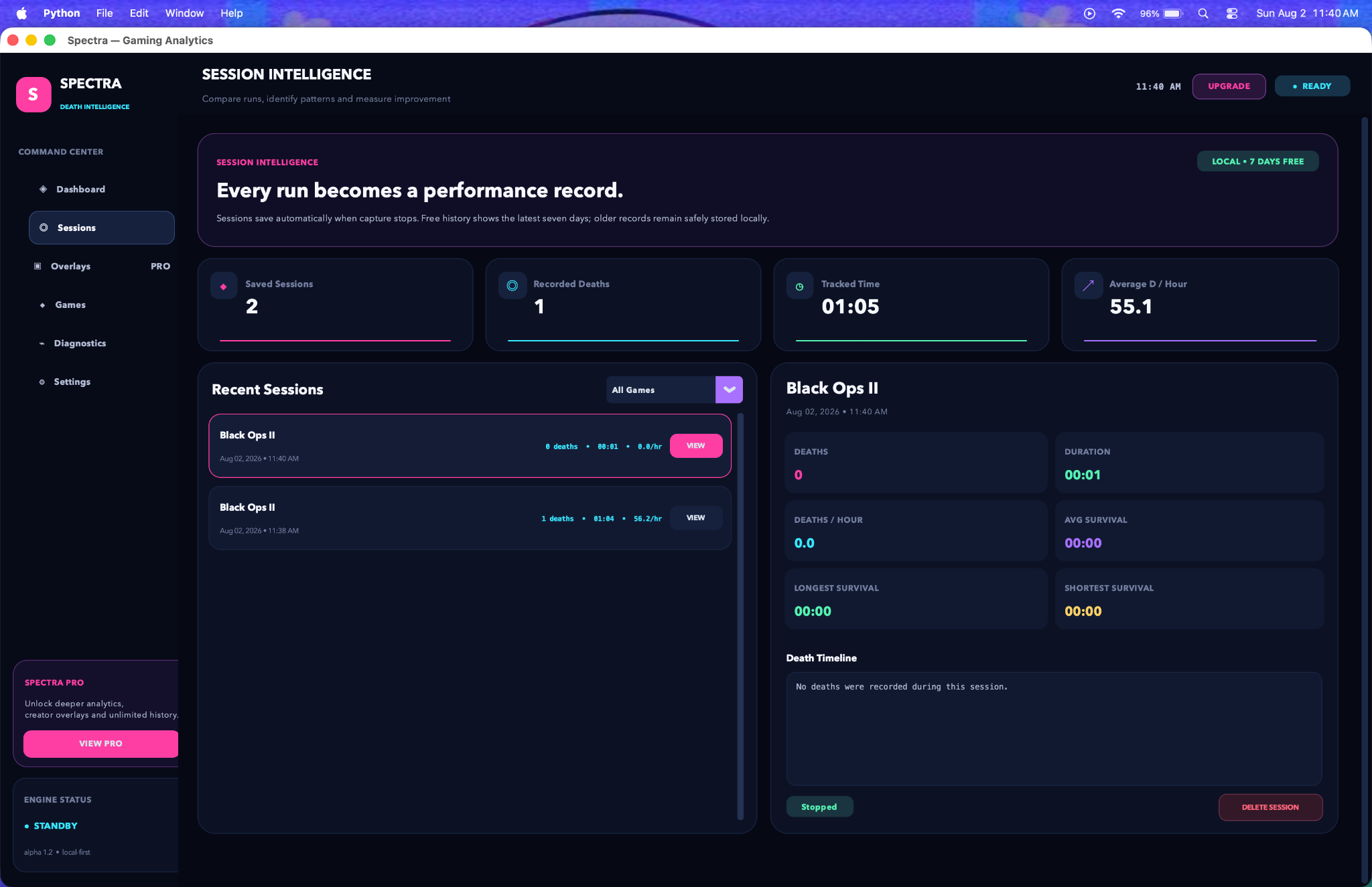 Spectra session history interface